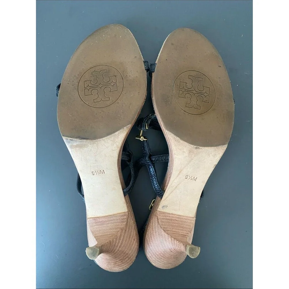 Tory Burch Mira sandals black tumbled leather signature Gold Logo Medallion 9.5
